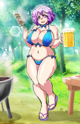1girl :d alcohol beer bikini blue_bikini breasts cup danna_(karatekikku) eyebrows female_focus flip-flops food grill huge_breasts lens_flare letty_whiterock light_rays mug no_headwear open_mouth plump purple_eyes purple_hair sandals short_hair side-tie_bikini_bottom skewer smile solo sunbeam sunlight swimsuit table thick_eyebrows touhou tree yakitori