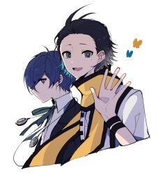 Rule 34 | 2boys, antenna hair, arm up, black hair, black jacket, black ribbon, black suspenders, blue hair, bug, butterfly, closed mouth, collared shirt, cropped shoulders, gekkoukan high school uniform, headphones, headphones around neck, highres, insect, jacket, long sleeves, looking to the side, male focus, mochizuki ryouji, mole, mole under eye, multiple boys, neck ribbon, open mouth, parted hair, persona, persona 3, ribbon, school uniform, shirt, short hair, side-by-side, sideways glance, simple background, smile, suit jacket, suspenders, teketeke (tasutekete), tongue, waving, white background, white shirt, wing collar, yuuki makoto (persona 3)