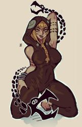 Rule 34 | 1girl, absurdres, arm tattoo, arm up, armpits, barefoot, black jumpsuit, black nails, blonde hair, braid, breasts, covered navel, feet, front braid, highres, hood, hoodie, jewelry, jumpsuit, looking at viewer, medium breasts, medusa gorgon, nail polish, short hair, sidelocks, simple background, sleeveless, sleeveless hoodie, smile, snake, snake armband, snake tattoo, solo, soul eater, species connection, tattoo, teeth, tight clothes, tongue, tongue out, upper teeth only, widisu, witch, yellow eyes