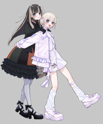 2girls :3 absurdres ascot banpen_(todoroki_hajime) black_ascot black_footwear black_gloves black_hair brown_hair choker closed_mouth dress fang gloves green_eyes grey_background hands_on_another&#039;s_shoulders highres hololive hololive_dev_is jacket juufuutei_raden juufuutei_raden_(1st_costume) long_hair long_sleeves loose_socks multicolored_hair multiple_girls nisui57 open_clothes open_jacket open_mouth pantyhose pink_jacket pink_shoes purple_eyes shirt shoes short_hair shorts simple_background skin_fang smile sneakers socks strappy_heels streaked_hair todoroki_hajime todoroki_hajime_(1st_costume) twitter_username virtual_youtuber walking white_pantyhose white_shirt white_shorts white_socks