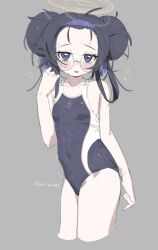 1girl alternate_hairstyle arm_at_side bangs_pinned_back bare_shoulders black_hair blue_archive blush breasts covered_navel cropped_legs dated double_bun flying_sweatdrops glasses grey_background hair_bun hairband halo hand_up highres nemo_(leafnight) open_mouth raised_eyebrows round_eyewear school_swimsuit short_hair signature simple_background small_breasts smile solo swimsuit ui_(blue_archive) wet