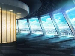 artist_request blue_sky carpet ceiling_light checkered_floor city cloud day elevator game_cg indoors magia_record:_mahou_shoujo_madoka_magica_gaiden mahou_shoujo_madoka_magica no_humans official_art railing sky window