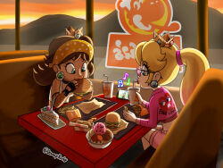 2girls blonde_hair blue_eyes brown_hair burger cake chicken_nuggets cup demony_richy diner disposable_cup eating eyelashes food french_fries hairband ice_cream jacket mario_(series) mario_kart mario_kart_world multiple_girls nintendo nintendo_switch_2 princess princess_daisy princess_peach shirt shorts sitting soda strawberry_shortcake sunset table