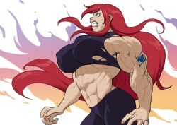 1girl breasts covered_erect_nipples erza_scarlet fairy_tail female_focus large_breasts long_hair muscular muscular_female pokkuti red_hair solo sweat tattoo torn_clothes veins veiny_arms very_long_hair