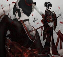 1girl arm_tattoo back_tattoo black_hair blunt_bangs breasts bug butterfly choker commentary_request earrings falling_petals floral_background hand_on_own_chest hand_tattoo high_heels highres holding holding_sword holding_weapon insect japanese_clothes jewelry katana kimono lace-trimmed_choker lace_trim long_hair looking_at_viewer looking_back maid maid_headdress mole mole_under_eye multiple_moles nape original petals red_footwear satsuki_kei scabbard sheath solo stud_earrings sword tattoo unsheathing wa_maid weapon