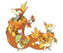Rule 34 | alternate design, colored skin, evolutionary line, full body, gen 5 pokemon, green eyes, green skin, highres, leaf, maple leaf, nintendo, no humans, orange skin, pokemon, pokemon (creature), serperior, servine, simple background, slit pupils, snake, snivy, standing, white background, wulie errr, yellow skin