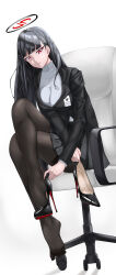 1girl absurdres arme_(pixiv_41362141) black_hair black_jacket black_pantyhose black_shoes black_skirt blazer blue_archive breasts chair commentary_request crossed_legs hair_ornament hairclip halo high_heels highres jacket large_breasts long_hair pantyhose parted_lips pleated_skirt red_eyes ribbed_sweater ringed_eyes rio_(blue_archive) shoes simple_background sitting skirt solo sweater turtleneck turtleneck_sweater unworn_shoe variant_set white_background white_sweater