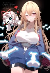 1boy 1girl black_background black_shorts blonde_hair blue_jacket blush bone bow breasts bright_pupils collarbone commentary_request cosplay costume_switch cowboy_shot crossed_bangs crossover glowing glowing_eye grey_hood grin hair_between_eyes hair_bow hands_in_pockets heart highres hood hood_down hooded_jacket impossible_clothes impossible_shirt jacket large_breasts long_hair looking_at_viewer maka_(user_rryf2748) one_eye_closed open_mouth partially_unzipped purple_eyes red_bow sans_(undertale) sans_(undertale)_(cosplay) shirt shorts skeleton smile touhou undertale very_long_hair watermark white_pupils white_shirt yakumo_yukari yakumo_yukari_(cosplay) zipper