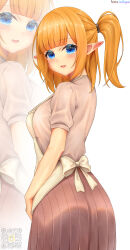 1girl :d absurdres apron ass blue_eyes blunt_bangs blush bow breasts brown_skirt commission commissioner_upload elf elvavena_araline from_behind highres looking_at_viewer looking_back lori_hagami medium_breasts medium_hair official_art one_side_up open_mouth orange_hair pleated_skirt pointy_ears ponytail shirt short_sleeves skirt smile solo ways_of_darkness_(series) white_shirt
