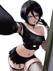 1girl bare_shoulders bion_(insomn_bion) black_hair black_lips bleach breasts choker collarbone elbow_gloves eyeshadow female_focus garter_straps gloves goth_fashion highres kuchiki_rukia makeup medium_hair navel_piercing piercing simple_background skirt small_breasts white_background