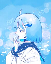 1girl absurdres ahoge blue_background blue_hair blue_sailor_collar blue_theme bubble fish from_side hair_ornament hand_to_own_mouth hand_up heart heart_ahoge highres long_sleeves medium_hair open_mouth original sailor_collar sailor_shirt school_uniform serafuku shirt solo sskitaco underwater upper_body whale_hair_ornament white_shirt
