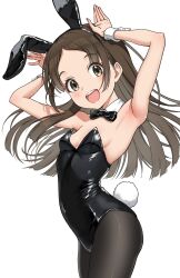 1girl animal_ear_hairband animal_ears armpits black_bow black_bowtie black_leotard black_pantyhose bow bowtie breasts brown_eyes brown_hair cowboy_shot detached_collar fake_animal_ears gakuen_idolmaster hairband highres idolmaster kuramoto_china leotard long_hair looking_at_viewer open_mouth osoba_susurukun pantyhose parted_bangs playboy_bunny rabbit_ears rabbit_pose rabbit_tail round_teeth simple_background small_breasts smile solo strapless strapless_leotard tail teeth upper_teeth_only white_background wrist_cuffs