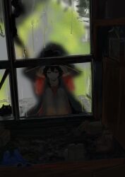 Rule 34 | 1girl, absurdres, arms up, blurry, brown hair, cape, cat, chomusuke, dress, hat, highres, indoors, kono subarashii sekai ni shukufuku wo!, koukouya, looking at viewer, megumin, outdoors, pet, pov, rain, red dress, red eyes, short hair, short hair with long locks, sitting, solo, stalking, water drop, window, witch hat