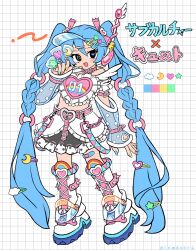 1girl black_eyes blue_hair boots candy commentary cute_x_subculture_hatsune_miku_design_contest cyber_fashion decora fashion food hair_extensions hatsune_miku headset highres holding holding_candy holding_food holding_lollipop lollipop long_hair midriff_peek radio_antenna rainbow ramudia_(lamyun) raver ring_hair_extensions see-through_clothes see-through_sleeves skirt solo symbol-only_commentary very_long_hair visor_cap vocaloid wallet_chain white_boots white_skirt