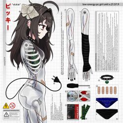 1girl ahoge android animal animal_on_head arm_warmers bandaid bandaid_on_leg black_nails black_panties blue_panties blue_screen_of_death breasts brown_hair bug cable cable_tail character_name choker circuit_board cowboy_shot disassembly electric_plug electric_plug_tail english_text from_side grid_background heart highres insect instruction_manual long_hair mechabare mechanical_tail minidisc mole mole_under_eye moth nail_polish nude on_head original panties profile ram_(computer) red_eyes screwdriver see-through_body single_arm_warmer skeleton small_breasts spiked_choker spikes tail underwear unworn_panties vickie_(cryingrobot) vickie_(cryingrobot)_(character) white_background