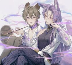 2boys animal_ear_fluff animal_ears bell brown_eyes brown_hair chenyao4444444 cigarette collar collar_bell colored_smoke eiden_(nu_carnival) feminine fox_boy fox_ears fox_tail hair_between_eyes heterochromia holding holding_cigarette holding_smoking_pipe kiseru kuya_(nu_carnival) long_hair looking_at_another male_focus multiple_boys nail_polish nu_carnival off_shoulder parted_lips pectorals purple_eyes purple_hair short_hair sitting sleeveless slit_pupils smile smoke smoking smoking_pipe tail teeth trap yellow_eyes