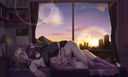 2girls absurdres bare_legs black_serafuku blonde_hair blue_eyes book bookshelf bow breasts calendar_(object) closed_eyes commentary_request cuddling curtains hair_bow hair_bun highres hug large_breasts long_hair multicolored_hair multiple_girls on_bed open_window original pink_bow pink_serafuku red_hair scenery school_uniform serafuku short_hair sleeping sunlight sunrise thighs under_covers wanashi_tam window yuri