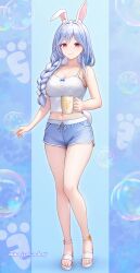 1girl absurdres alternate_costume animal_ear_fluff animal_ears blue_hair blue_shorts bow braid braided_ponytail breasts camisole cleavage closed_mouth commentary_request cup feet full_body hair_between_eyes hair_bow hair_over_shoulder highres holding holding_cup hololive large_breasts long_hair looking_at_viewer loungewear mature_female midriff multicolored_hair navel pekomama rabbit-shaped_pupils rabbit_ears rabbit_girl red_eyes short_eyebrows short_shorts shorts smile solo standing streaked_hair symbol-shaped_pupils thick_eyebrows toes virtual_youtuber wajuniorbox white_bow white_camisole white_hair