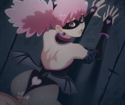 1girl absurdres against_wall artist_name ass audirenze back bare_shoulders black_gloves black_leotard black_mask black_pantyhose black_wings boku_no_hero_academia clothing_cutout commentary earrings elbow_gloves eye_mask fingerless_gloves gloves haneyama_kazuho heart heart_cutout heart_print highres jewelry leotard long_hair looking_at_viewer looking_back median_furrow open_mouth pantyhose penis pink_eyes pink_hair sex sex_from_behind shoulder_blades solo_focus torn_clothes torn_pantyhose twintails twitter_username uncensored vigilante_-boku_no_hero_academia:_illegals- wings