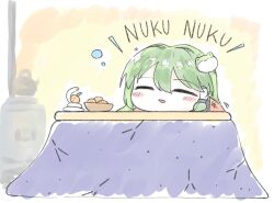 1girl :d blush_stickers chibi closed_eyes commentary_request double-parted_bangs food frog_hair_ornament fruit green_hair hair_intakes hair_ornament hair_tubes kettle kochiya_sanae kotatsu long_hair mandarin_orange nazawa_(nother) open_mouth single_hair_tube single_sidelock sleeping smile snake solo squeans stove table touhou under_kotatsu under_table upper_body white_snake