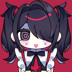 1girl @_@ aibo658933 ame-chan_(needy_girl_overdose) black_hair chibi chibi_only hair_over_one_eye neck_ribbon needy_girl_overdose pill_on_tongue red_background red_shirt ribbon shirt short_twintails sidelocks solo suspenders sweat twintails upper_body winged_sleeves