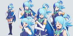 1girl 3d aqua_(konosuba) aqua_eyes aqua_hair blue_eyes blue_hair blue_shirt blue_skirt breasts multiple_expressions female_focus hair_ornament highres kono_subarashii_sekai_ni_shukufuku_wo! long_hair medium_breasts open_mouth shirt skirt solo thighhighs white_background