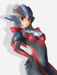 1girl \m/ aiueo8371 animification armor armored_bodysuit black_bodysuit black_hair blush bodysuit breasts color_timer commentary contrapposto cosplay covered_navel cowboy_shot cut_bangs dark_persona drop_shadow gradient_hair hand_on_own_hip headgear highres humanization legs_together long_hair looking_at_viewer medium_breasts minato_asahi multicolored_bodysuit multicolored_hair parted_lips red_bodysuit red_eyes red_hair self_cosplay shoulder_armor shoulder_pads simple_background skin_tight solo standing tan teeth tokusatsu two-tone_bodysuit two-tone_hair ultra_galaxy_(series) ultra_galaxy_fight:_the_destined_crossroad ultra_series ultrawoman_grigio_darkness ultrawoman_grigio_darkness_(cosplay) white_background