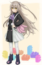 Rule 34 | 1girl, absurdres, ahoge, animal print, ascot, bag, black dress, blue boots, blush, boots, border, collared dress, commentary request, doyagao, dress, full body, girls&#039; frontline, grey hair, hands on own hips, highres, koenza botoke, lego, long hair, looking at viewer, official alternate costume, one side up, outside border, pantyhose, pink bag, purple ascot, rabbit print, scar, scar across eye, scar on face, shoelaces, shoulder bag, smile, smug, solo, standing, two-tone dress, ump45 (agent lop rabbit) (girls&#039; frontline), ump45 (girls&#039; frontline), very long hair, white border, white dress, white pantyhose, yellow background, yellow eyes
