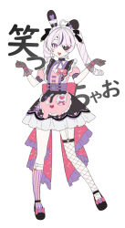 Rule 34 | 1girl, ahoge, apron, asymmetrical legwear, bandaged ear, black gloves, blunt bangs, bow, choker, dress, drill hair, eyepatch, fishnet thighhighs, fishnets, frilled dress, frills, gloves, heart, heart ahoge, highres, maid, maid headdress, maria marionette, maria marionette (2nd costume), mismatched legwear, multicolored hair, nijisanji, nijisanji en, npppiyo, one eye covered, pink apron, pink bow, pink eyes, pink socks, purple streaks, sheer gloves, single fishnet legwear, smile, socks, streaked hair, striped clothes, striped socks, thighhighs, twin drills, vertical-striped clothes, vertical-striped socks