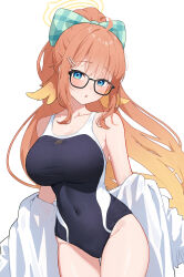 Rule 34 | 1girl, :o, absurdres, ahoge, alternate costume, alternate hairstyle, aqua bow, bare shoulders, black-framed eyewear, blonde hair, blue archive, blue eyes, blue one-piece swimsuit, blush, bow, breasts, cleavage, competition swimsuit, covered navel, cowboy shot, feather hair, glasses, hair bow, hair ornament, highres, large breasts, long hair, looking at viewer, off shoulder, one-piece swimsuit, open mouth, orange hair, plaid bow, ponytail, shimiko (blue archive), shirt partially removed, simple background, solo, swimsuit, tansui san (tcjp4784), thighs, trinity general school swimsuit, very long hair, white background