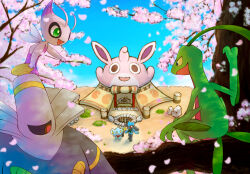 alternate_color blue_sky celebi cherry_blossoms colored_sclera creatures_(company) dusknoir fairy_wings game_freak gen_1_pokemon gen_2_pokemon gen_3_pokemon gen_4_pokemon green_eyes grovyle highres in-universe_location legendary_pokemon mythical_pokemon neckerchief nintendo open_mouth pokemon pokemon_(creature) pokemon_mystery_dungeon pokemon_mystery_dungeon:_explorers_of_time/darkness/sky riolu shinx shiny_pokemon sitting_on_branch sky tree tsuyuki_rune wigglytuff wings yellow_sclera