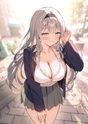 1girl black_hairband black_jacket blazer blurry blurry_background blush bra bra_peek breasts cleavage commentary_request day dress_shirt feet_out_of_frame green_bra green_eyes green_skirt grey_hair grin hairband half-closed_eyes hand_on_own_thigh jacket large_breasts leaning_forward long_hair long_sleeves looking_at_viewer mintice_(asatsukimint) open_clothes open_jacket original outdoors partially_unbuttoned pleated_skirt school_uniform shirt skirt smile solo standing stone_floor underwear very_long_hair white_shirt