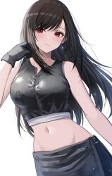1girl bare_shoulders black_gloves black_hair black_shorts black_vest breasts closed_mouth cropped_vest earrings final_fantasy final_fantasy_vii final_fantasy_vii_advent_children gloves highres jewelry large_breasts light_blush light_smile long_hair looking_at_viewer midriff navel red_eyes shinzousan shirt shorts simple_background solo tank_top tifa_lockhart upper_body vest white_background white_shirt zipper zipper_pull_tab