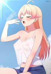 Rule 34 | 1girl, absurdres, ahoge, blue shorts, blue sky, blush, breasts, covered erect nipples, day, dsuzu, highres, long hair, open mouth, pink hair, shorts, sky, solo, tank top, thighs, wakatsuki niko, white tank top, witch watch