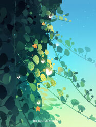 artist_name blue_sky bug butterfly flower glowing_butterfly highres huhv. insect leaf no_humans original outdoors plant scenery sky vines white_butterfly