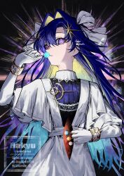 1girl black_background blonde_hair blue_eyes blue_hair candy colored_inner_hair dress food gloves gradient_hair hair_intakes hair_ornament hakyusiku hand_up highres holding holding_candy holding_food holding_lollipop juliet_sleeves lollipop long_hair long_sleeves looking_at_viewer multicolored_hair parted_lips puffy_sleeves reverse:1999 solo sparkling_eyes star_(symbol) star_hair_ornament upper_body very_long_hair voyager_(reverse:1999) watermark white_dress white_gloves