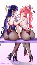 Rule 34 | 2girls, alternate costume, animal ears, artist name, ass, backless leotard, black pantyhose, black shoes, bracelet, breasts, dango, food, fox ears, fox girl, genshin impact, hair between eyes, hair ornament, hair stick, hand on another&#039;s shoulder, high heels, highres, holding, holding food, jewelry, large breasts, leotard, long hair, looking at another, mole, mole under eye, multiple girls, pantyhose, pink hair, ponytail, purple eyes, purple hair, purple leotard, raiden shogun, red leotard, shoes, sitting, tomatolaccoon, very long hair, wagashi, yae miko, yuri