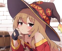 Rule 34 | 1girl, aisaka taiga, bare shoulders, barrel, belt collar, black gloves, blush, brick wall, brown eyes, brown hair, brown hat, closed mouth, collar, collarbone, commentary, cosplay, dress, expressionless, film grain, fingerless gloves, flat chest, gloves, gold trim, hair between eyes, hair over shoulder, hand up, hat, indoors, koonowen, long hair, long sleeves, looking at viewer, megumin, megumin (cosplay), off-shoulder dress, off shoulder, raised eyebrow, sidelocks, signature, solo, straight hair, symbol-only commentary, toradora!, witch hat
