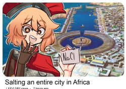 1girl armor blonde_hair boat bright_pupils brown_gloves cape centurii-chan city gloves harbor holding open_mouth orange_eyes plume red_cape roman_armor sailboat salt short_hair single_glove solo teeth upper_body upper_teeth_only watercraft white_pupils youtube