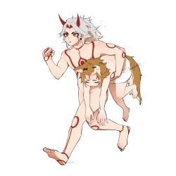 2boys animal_ears arataki_itto barefoot carrying carrying_person closed_eyes completely_nude convenient_arm convenient_censoring dog_boy dog_ears dog_tail genshin_impact gorou_(genshin_impact) hair_ornament hairpin hashtag-only_commentary highres horns male_focus multiple_boys naked_towel nude shokun_2 signature tail topless_male towel towel_around_waist wet white_background