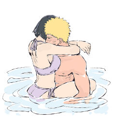1boy 1girl beerenfuchs bikini black_hair blonde_hair boruto:_naruto_next_generations couple hetero highres hyuuga_hinata naruto_(series) partially_submerged purple_bikini short_hair simple_background straddling swimsuit uzumaki_naruto white_background