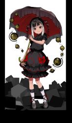 1girl black_border black_dress black_eyes black_hair black_shoes black_umbrella blunt_bangs border bow buttons center_frills closed_mouth collared_dress commentary_request cube dot_nose dress footwear_bow frilled_umbrella frills full_body globe highres holding holding_umbrella looking_at_viewer medium_hair monochrome_background multi-tied_hair multicolored_hair original parasol puffy_short_sleeves puffy_sleeves red_bow red_hair red_trim red_umbrella shoes short_eyebrows short_sleeves smile socks solo streaked_hair thick_eyebrows two-sided_fabric two-sided_umbrella umbrella uni_no white_background white_hair white_socks