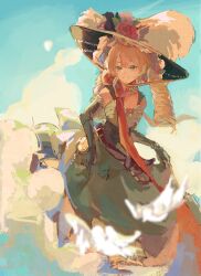 Rule 34 | 1girl, absurdres, aqua background, bare shoulders, belt pouch, blonde hair, bow, chin strap, dress, drill hair, elbow gloves, flower, gezi baotang, gloves, green dress, green eyes, green gloves, green hat, grin, hat, hat feather, hat flower, highres, long dress, long hair, looking at viewer, low twintails, orange bow, picture hat, pouch, red flower, reverse:1999, skirt hold, sleeveless, sleeveless dress, smile, solo, sotheby, twin drills, twintails, upper body