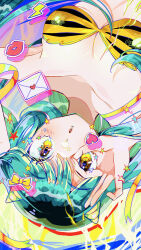 1girl animal_print bikini breasts cleavage green_hair highres horns letter lightning_bolt_symbol lum medium_breasts ok_sign ok_sign_over_eye solo swimsuit tiger_print urusei_yatsura yellow_eyes zarame_yuki