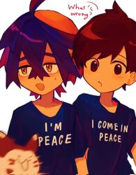 black_shirt brown_eyes brown_hair commentary_request corrupted_twitter_file crossed_bangs english_text florian_(pokemon) furret gen_2_pokemon highres ikogo9 kieran_(pokemon) male_focus multicolored_hair multiple_boys nintendo open_mouth orange_eyes parted_lips pokemon pokemon_(creature) pokemon_sv shirt short_sleeves simple_background speech_bubble sweat t-shirt upper_body white_background yaoi