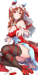 Rule 34 | 1girl, absurdres, blush, breasts, cleavage, closed mouth, collarbone, commentary request, d04te2cute, detached sleeves, fingernails, hair between eyes, hair ornament, highres, horse girl, long hair, looking at viewer, red eyes, shoes, simple background, small breasts, solo, still in love (umamusume), thighhighs, thighs, twitter username, umamusume, veil, white background