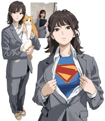 1girl absurdres animal araki_saori brown_hair cat commentary dc_comics english_commentary formal_clothes grey_suit half_updo highres holding holding_animal holding_cat looking_at_viewer medium_hair multiple_views office_lady original photo-referenced real_life shiren_(ourboy83) shirt simple_background smile suit supergirl superman_exposure white_background white_shirt