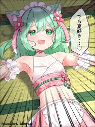 1girl animal_ears bikini commentary_request green_eyes green_hair hazakura_hinata highres lying maid maid_bikini on_back original solo swimsuit unconventional_maid variant_set wa_maid