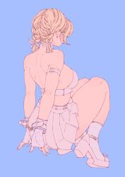 1girl arms_behind_back bare_back bare_shoulders blonde_hair blue_background bra braid breasts cuffs earrings elliemaplefox fingerless_gloves from_behind full_body gloves hair_ribbon handcuffs highres jewelry knees_up large_breasts medium_hair original pink_bra pink_ribbon pink_shoes pink_skirt pleated_skirt ribbon shoes sideboob simple_background sitting skirt socks solo striped_clothes striped_gloves striped_socks thighs twin_braids underwear yellow_stripes