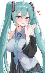 1girl absurdres ahoge aqua_eyes aqua_hair aqua_necktie arm_behind_back bare_shoulders black_skirt blush breasts collarbone detached_sleeves grey_shirt hair_between_eyes hair_ornament hatsune_miku headphones heart highres large_breasts long_hair long_sleeves looking_at_viewer necktie onemuikun-b open_mouth shirt simple_background skirt sleeveless sleeveless_shirt smile solo twintails very_long_hair vocaloid white_background wide_sleeves